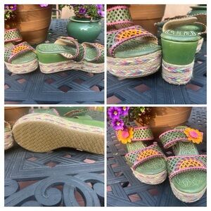 Designer leather wedge padded soles sandals stunning cut leather floral.